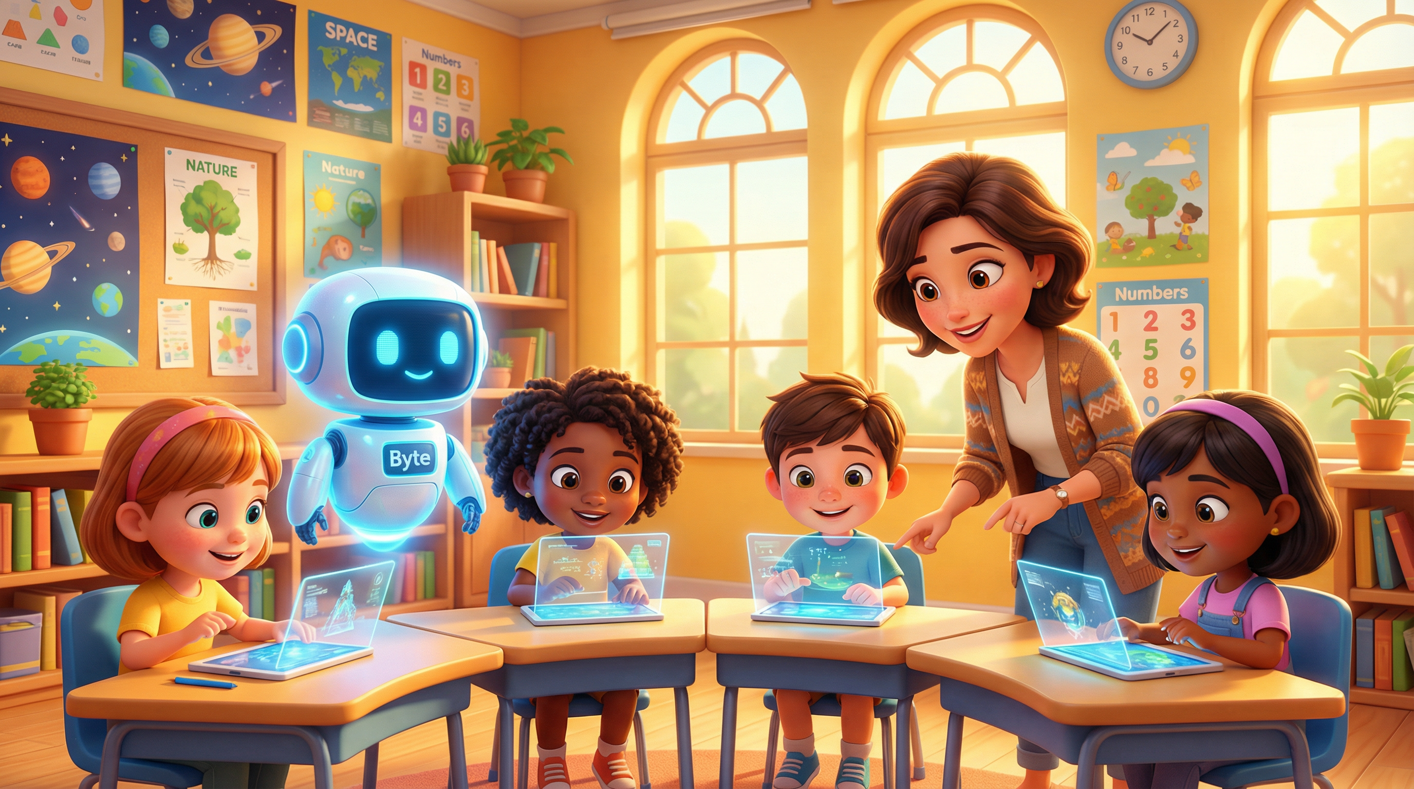 Kids learning with Byte the AI robot